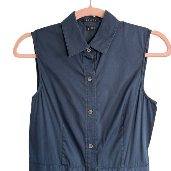 Theory Soreda Navy Sleeveless Button Down Pleated Shirt Dress - Picture 4 of 10